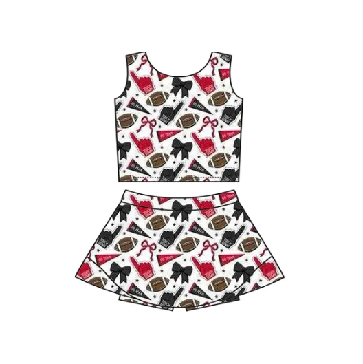 7.16 Preorder moq 5 Baby Girls Sleeveless Red Blue Football Cheer Plaid Vest Top Skorts Team Set