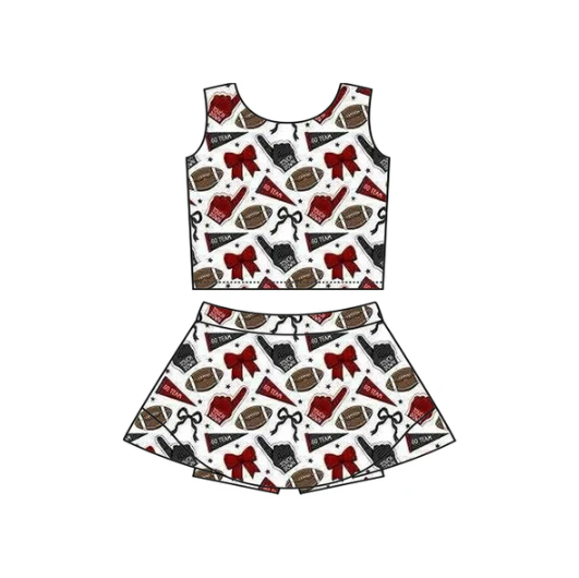 7.16 Preorder moq 5 Baby Girls Sleeveless Dark Red Football Cheer Plaid Vest Top Skorts Team Set
