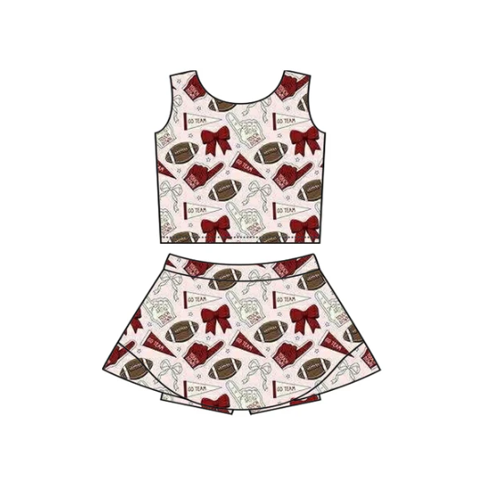 7.16 Preorder moq 5 Baby Girls Sleeveless Dark Red Football Cheer Vest Top Skorts Team Set