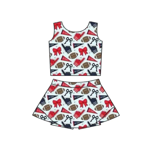 7.16 Preorder moq 5 Baby Girls Sleeveless Red Football Cheer Vest Top Skorts Team Set