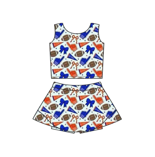 7.16 Preorder moq 5 Baby Girls Sleeveless Hot Blue Football Cheer Vest Top Skorts Team Set