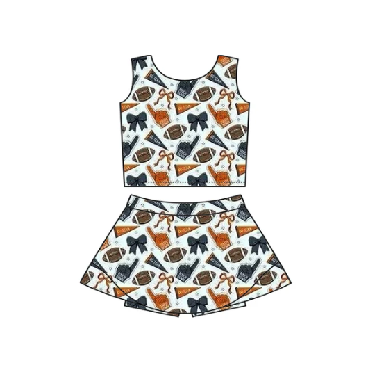 7.16 Preorder moq 5 Baby Girls Sleeveless Football Bows Cheer Vest Top Skorts Team Set