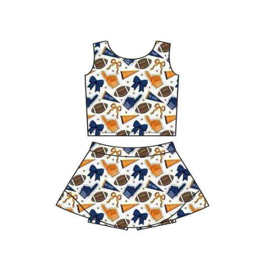 7.16 Preorder moq 5 Baby Girls Sleeveless Football Bows Cheer Vest Top Skorts Team Set