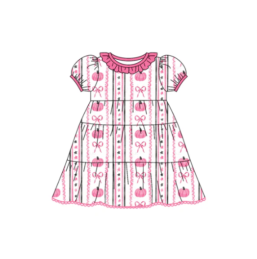 7.17 Preorder (moq 5)Baby Girls Short Ruffle Sleeves Pink Bows Pumpkins Stripes Knee Length Dresses