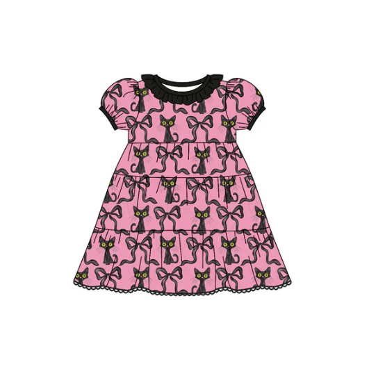 7.17 Preorder (moq 5)Baby Girls Short Ruffle Sleeves Bows Cats Plaid Knee Length Dresses