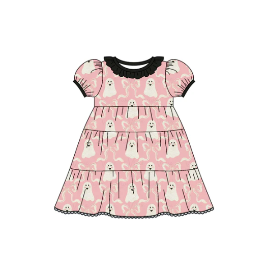 7.17 Preorder (moq 5)Baby Girls Short Ruffle Sleeves Peach Bows Ghosts Plaid Knee Length Dresses