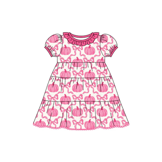 7.17 Preorder (moq 5)Baby Girls Short Ruffle Sleeves Pink Bows Pumpkins Plaid Knee Length Dresses