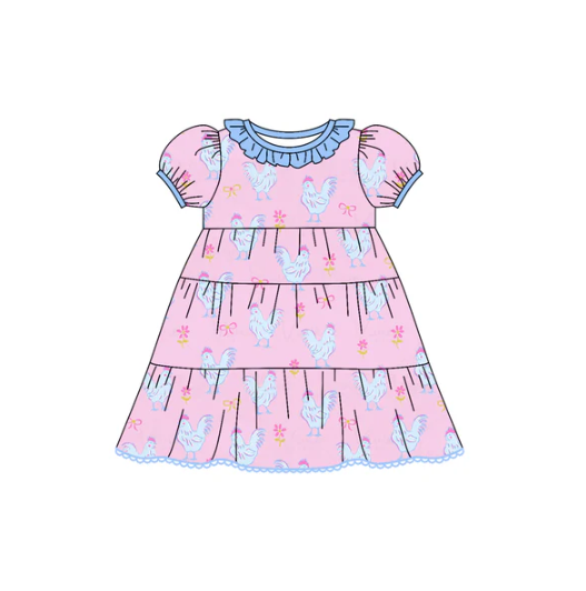 7.17 Preorder (moq 5)Baby Girls Pink Short Ruffle Sleeves Chick Flowers Plaid Knee Length Dresses
