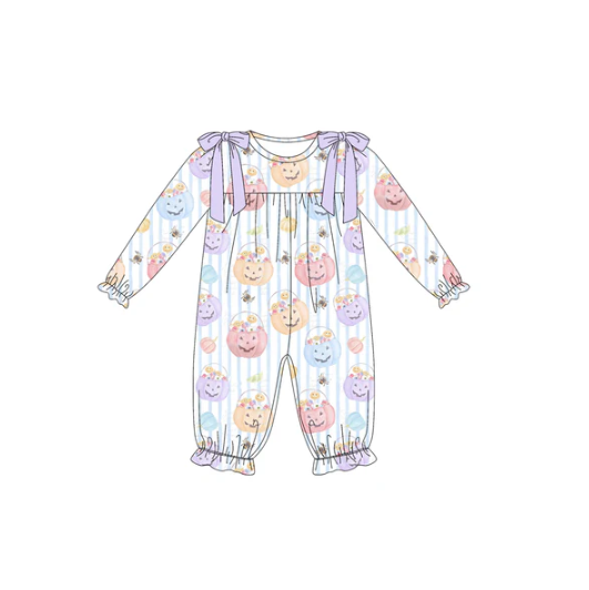 7.17 Preorder moq 5 Baby Girls Long Ruffle Sleeves Ghost Pumpkins Stripes Pant Rompers
