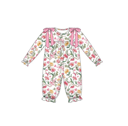 7.17 Preorder moq 5 Baby Girls Long Ruffle Sleeves Pink Bows Flowers Plaid Pant Rompers