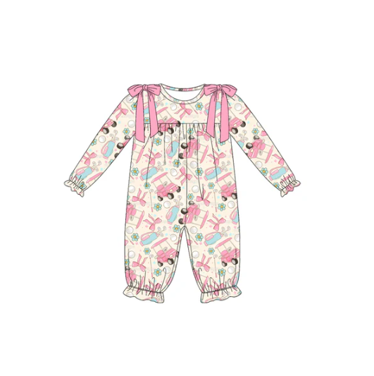 7.17 Preorder moq 5 Baby Girls Long Ruffle Sleeves Pink Golf Flowers Pant Rompers