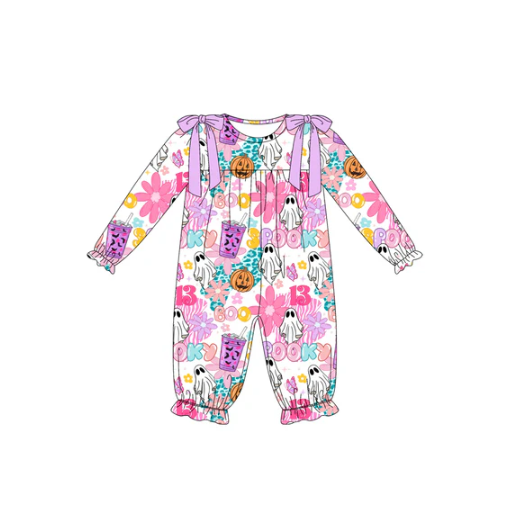 7.17 Preorder moq 5 Baby Girls Long Ruffle Sleeves Flowers Ghost Pumpkins Pant Rompers