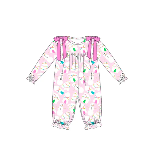 7.17 Preorder moq 5 Baby Girls Long Ruffle Sleeves Christmas Trees Snowman Pant Rompers