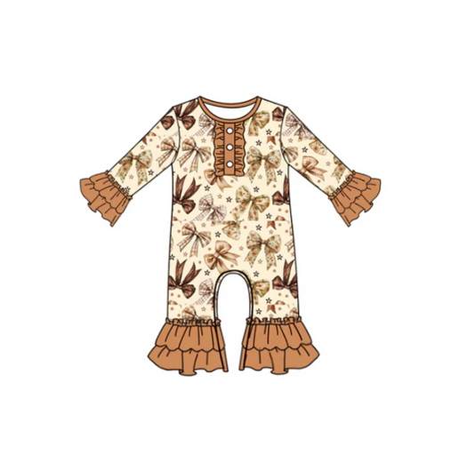 7.17 Preorder moq 5 Baby Girls Long Ruffle Sleeves Khaki Bows Plaid Button Pant Rompers