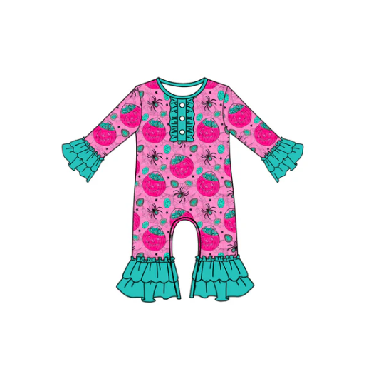 7.17 Preorder moq 5 Baby Girls Long Ruffle Sleeves Ghost Pumpkins Plaid Button Pant Rompers