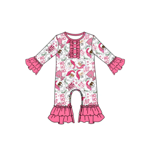 7.17 Preorder moq 5 Baby Girls Long Ruffle Sleeves Holly Santa Button Pant Rompers