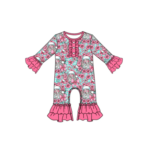 7.17 Preorder moq 5 Baby Girls Long Ruffle Sleeves Flowers Santa Button Pant Rompers