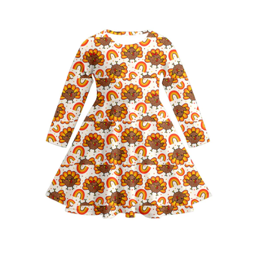 7.17 Preorder (moq 5)Baby Girls Long Sleeves Rainbows Turkey Plaid Knee Length Dresses