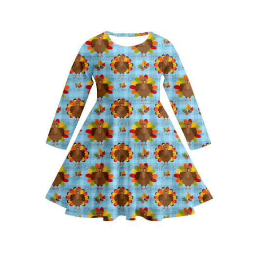 7.17 Preorder (moq 5)Baby Girls Long Sleeves Blue Leaves Turkey Plaid Knee Length Dresses