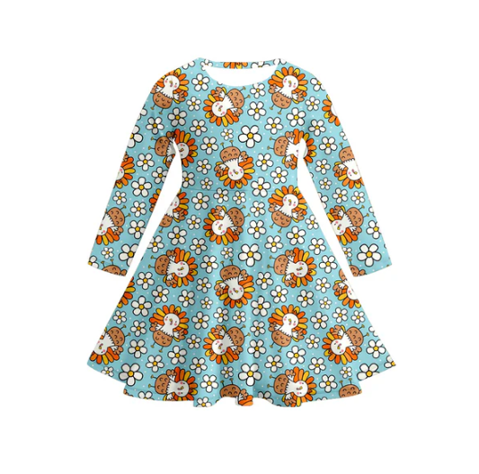 7.17 Preorder (moq 5)Baby Girls Long Sleeves Flowers Turkey Plaid Knee Length Dresses
