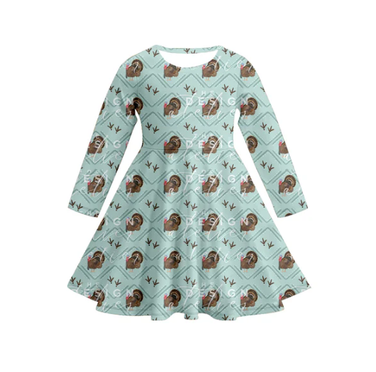 7.17  Preorder (moq 5)Baby Girls Long Sleeves Green Turkey Plaid Knee Length Dresses