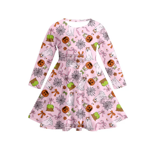 7.17  Preorder (moq 5)Baby Girls Long Sleeves Pink Bows Ghost Pumpkins Plaid Knee Length Dresses