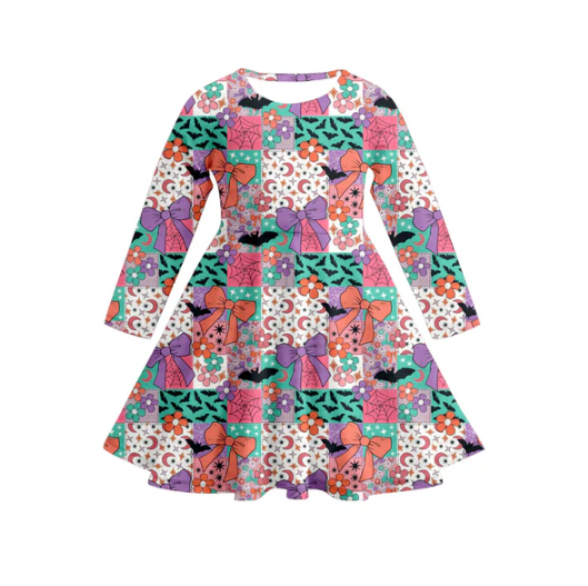 7.17  Preorder (moq 5)Baby Girls Long Sleeves Bats Flowers Bows Plaid Knee Length Dresses