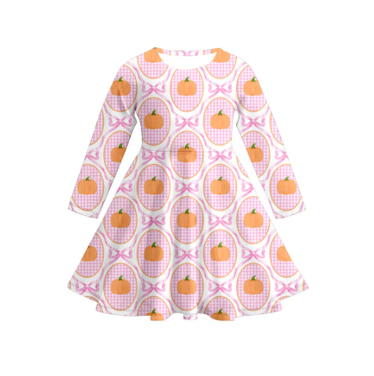 7.17 Preorder (moq 5)Baby Girls Long Sleeves Pink Plaid Bows Pumpkins Knee Length Dresses