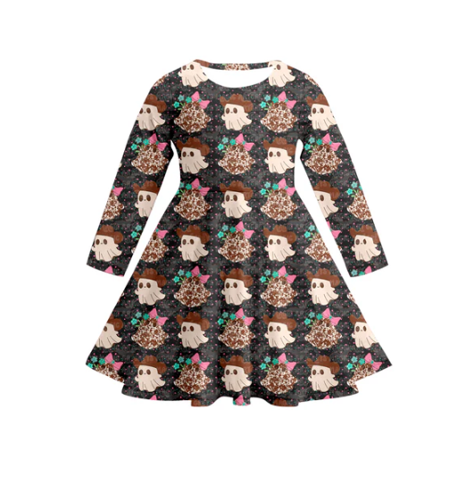 7.17 Preorder (moq 5)Baby Girls Long Sleeves Leopard Ghosts Hats Plaid Knee Length Dresses