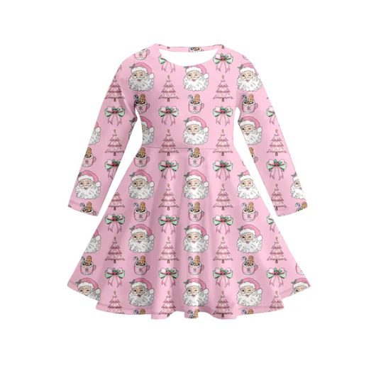 7.17 Preorder (moq 5)Baby Girls Long Sleeves Pink Christmas Trees Santa Plaid Knee Length Dresses