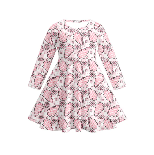 7.17 Preorder (moq 5)Baby Girls Long Sleeves Christmas Trees Flowers Plaid Knee Length Dresses