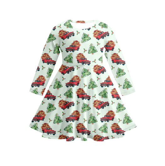 7.17 Preorder (moq 5)Baby Girls Long Sleeves Christmas Trees Holly Plaid Knee Length Dresses