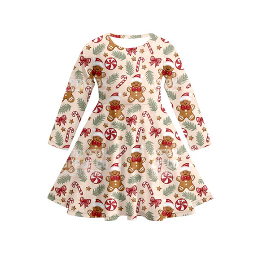 7.17 Preorder (moq 5)Baby Girls Long Sleeves Gingerbread Candy Cane Plaid Knee Length Dresses