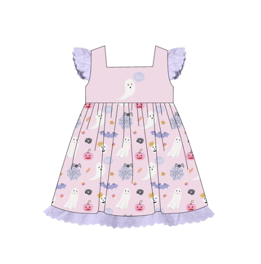 7.17 Preorder (moq 5)Baby Girls Lavender Flutter Sleeves Ghost Pumpkins Lace Knee Length Dresses