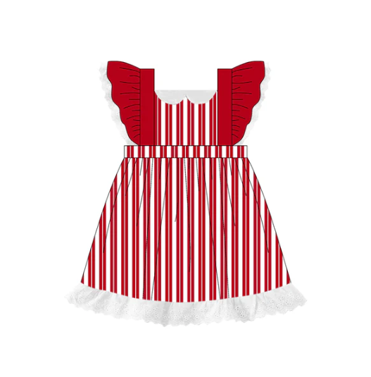 7.17 Preorder (moq 5)Baby Girls Red Flutter Sleeves Stripes Lace Knee Length Dresses