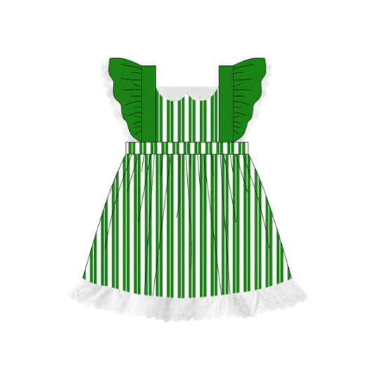 7.17 Preorder (moq 5)Baby Girls Green Flutter Sleeves Stripes Lace Knee Length Dresses