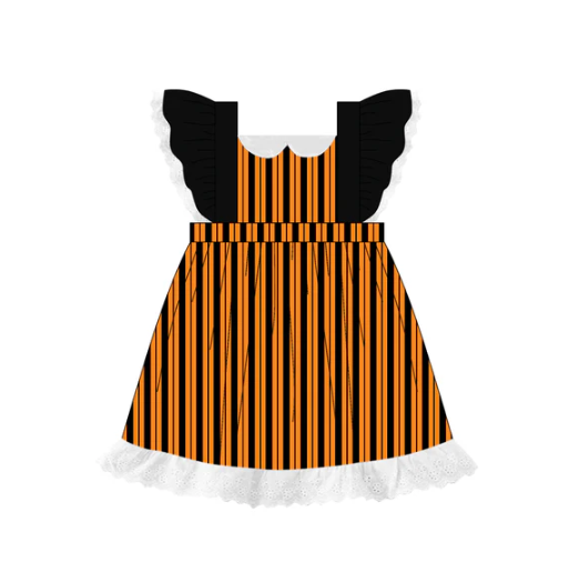 7.17 Preorder (moq 5)Baby Girls Black Flutter Sleeves Yellow Stripes Lace Knee Length Dresses