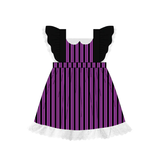 7.17 Preorder (moq 5)Baby Girls Black Flutter Sleeves Purple Stripes Lace Knee Length Dresses