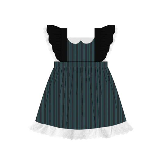 7.17 Preorder (moq 5)Baby Girls Black Flutter Sleeves Green Stripes Lace Knee Length Dresses