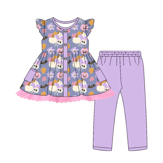 7.17 Preorder (moq 5)Baby Girls Flutter Sleeves Ghost Pumpkins Flowers Button Tunic Leggings Pants Set