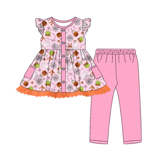 7.17 Preorder (moq 5)Baby Girls Flutter Sleeves Ghost Pumpkins Button Tunic Leggings Pants Set