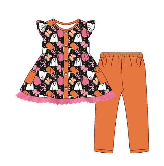 7.17 Preorder (moq 5)Baby Girls Flutter Sleeves Ghost Pumpkins Button Tunic Leggings Pants Set
