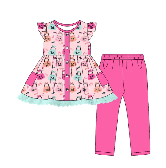 7.17 Preorder (moq 5)Baby Girls Flutter Sleeves Ghost Pumpkins Button Tunic Leggings Pants Set