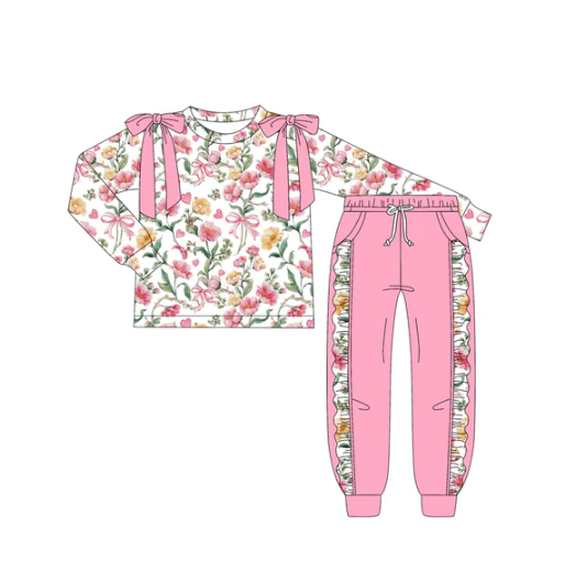 7.17 Preorder (moq 5)Baby Girls Long Sleeves Pink Flowers Bows Plaid Top Pocket Leggings Pants Set