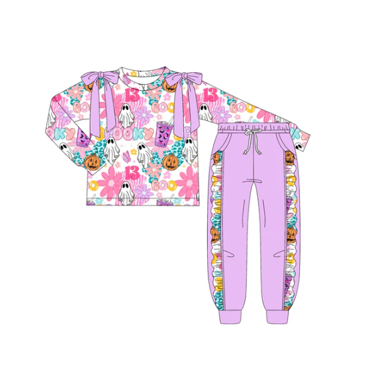 7.17 Preorder (moq 5)Baby Girls Long Sleeves Flowers Ghosts Top Pocket Leggings Pants Set