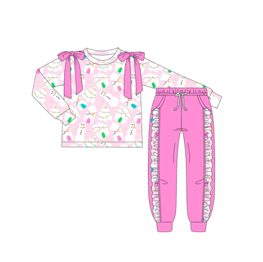7.17 Preorder (moq 5)Baby Girls Long Sleeves Christmas Trees Snowman Top Pocket Leggings Pants Set