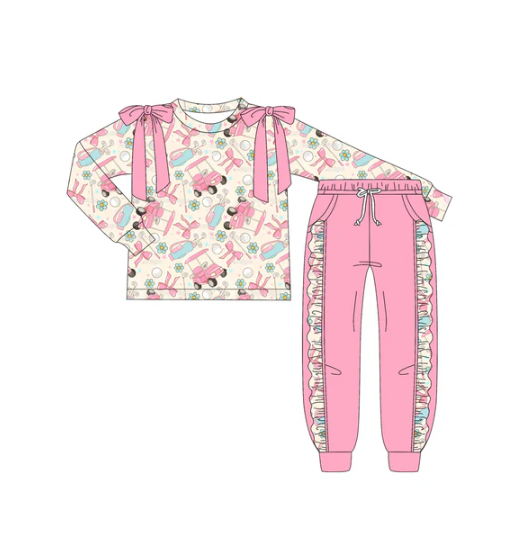 7.17 Preorder (moq 5)Baby Girls Long Sleeves Pink Flowers Golf Top Pocket Leggings Pants Set