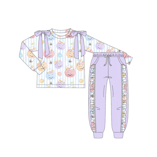 7.17Preorder (moq 5)Baby Girls Long Sleeves Ghost Pumpkins Stripe Top Pocket Leggings Pants Set