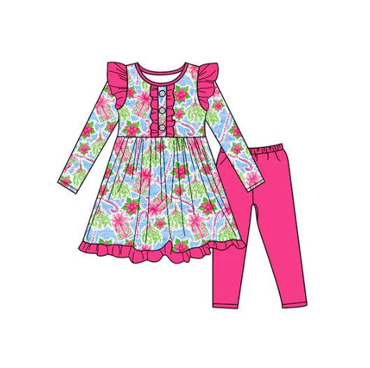 7.17 Preorder (moq 5)Baby Girls Long Sleeves Christmas Trees Gifts Button Tunic Leggings Pants Set
