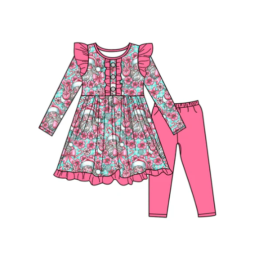 7.17 Preorder (moq 5)Baby Girls Long Sleeves Pink Santa Flowers Button Tunic Leggings Pants Set